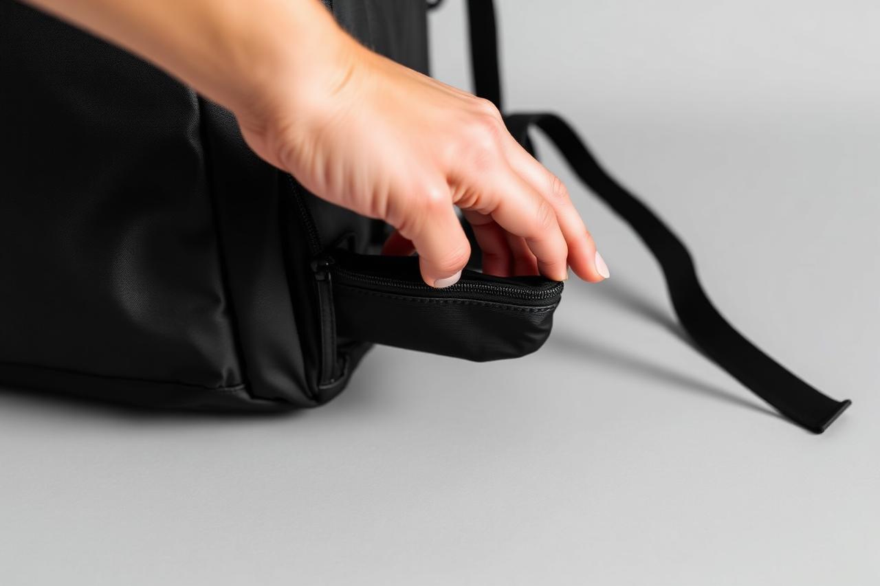 Detalhe do zíper lateral da mochila tech T71 sendo aberto